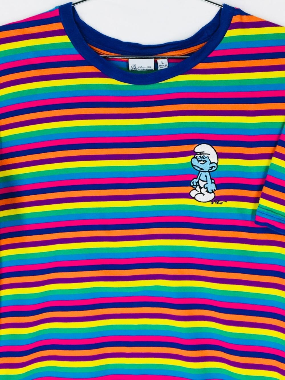 The Smurfs Womens 100% Cotton Short Sleeve Striped T Shirt Size L